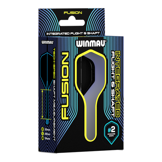 Sistema di alberi di volo Winmau Fusion standard nero Auf dem Bild ist eine Verpackung des Winmau Fusion Integrated Flight & Shaft Systems zu sehen. Die Schachtel ist schwarz mit blauen und gelben Akzenten und enthält Flights und Shafts für Darts.