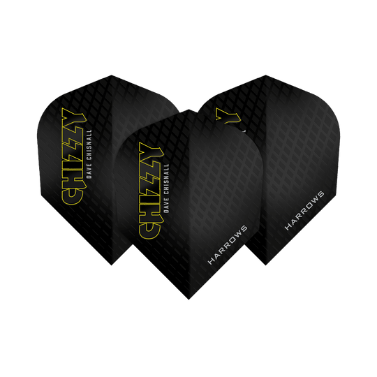 Dave Chisnall Chizzy Series 3 Flights di Harrow Das Bild zeigt drei Dartflights der Marke Harrows aus der Dave Chisnall Chizzy Series 3. Die Flights sind schwarz mit gelbem Schriftzug „CHIZZY“ und verfügen über ein dezentes Rautenmuster.