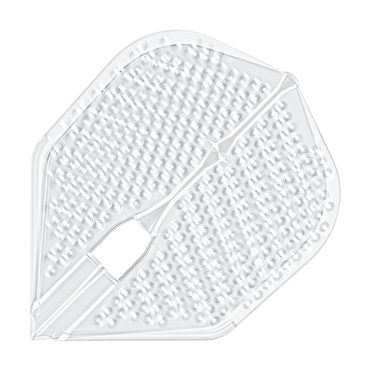Alette stile L Dimple Champagne L3PRO Shape Das Bild zeigt ein durchsichtiges Dartflight mit einer dimpled (genoppten) Oberfläche. Es handelt sich um das Produkt "L-Style Flights Dimple Champagne L3PRO Shape".