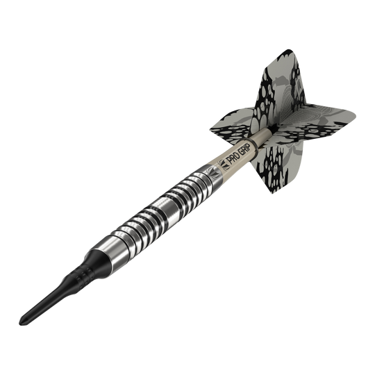 Freccette morbide Target EXO 10 Das Bild zeigt einen Target EXO 10 Softdart. Der Dartpfeil hat ein silbernes, gerieftes Barrel und schwarz-graue Flights mit Muster.