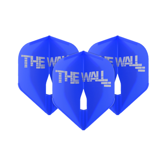 Voli L-Style Martin Schindler Blue L1PRO Das Bild zeigt drei blaue Dartflights mit der Aufschrift "THE WALL". Es handelt sich um das Produkt 'L-Style Martin Schindler Blau L1PRO Flights'.