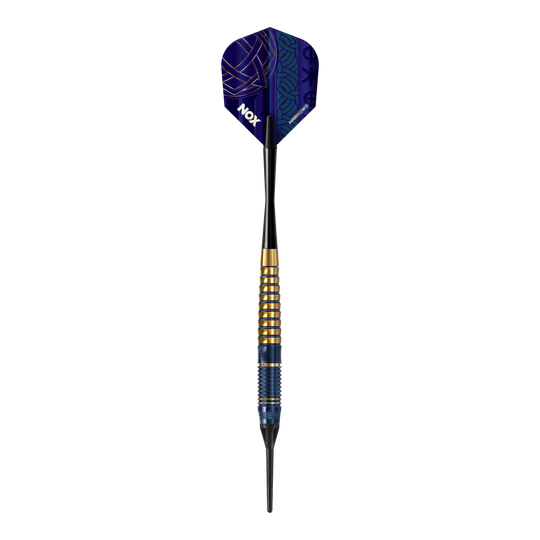 Freccette morbide in ottone premium Harrows Nox Harrows Nox Premium Brass Softdarts. Gezeigt wird ein Softdart-Set aus der Nox Premium Brass Serie von Harrows.