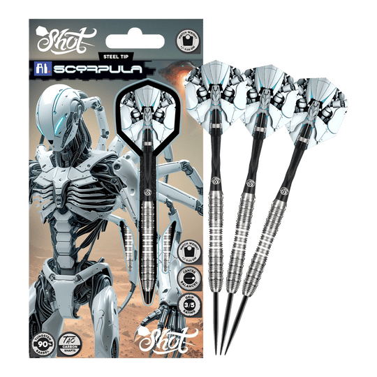 Tiro AI Scorpula Steeldarts Zu sehen sind die Shot AI Scorpula Steeldarts in ihrer gesamten Länge. Das Produkt ist hochwertig verarbeitet.