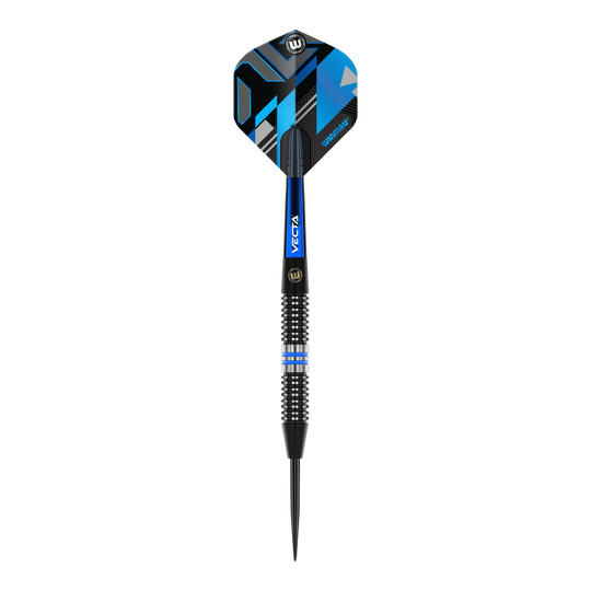 Dardi d'acciaio Winmau Galactics Das Bild zeigt einen Winmau Galactics Steeldart mit einem modernen, blauen und schwarzen Design. Der Dart hat eine strukturierte Griffzone und eine spitze Stahlspitze.