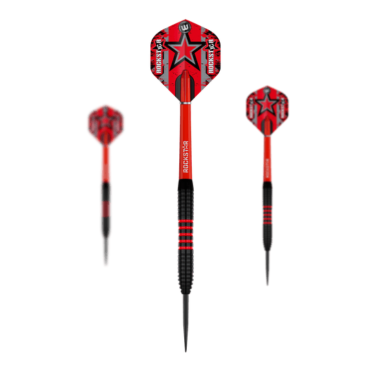 Freccette in acciaio Winmau Joe Cullen in ottone - 20 g Das Bild zeigt drei Winmau Joe Cullen Brass Steeldarts mit einem Gewicht von 20g. Die Darts haben rote Flights mit einem schwarzen Stern und schwarzen sowie roten Griffbereichen.
