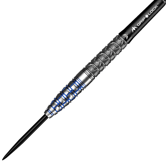 M001069_Mission_Xiaochen_Zong_Pandaman_Steeldarts_2 Das Bild zeigt einen Mission Xiaochen Zong Pandaman Steeldart mit einem Gewicht von 22g. Der Dartpfeil hat eine silberne Metalloberfläche mit blauen Akzenten und einem schwarzen Schaft.
