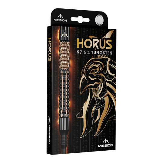 Freccette morbide Mission Horus - 19 g Die Abbildung zeigt die Verpackung der "Mission Horus Softdarts - 19g". Auf der Vorderseite sind der Dartpfeil, der Produktname und ein goldener Horus-Kopf abgebildet.