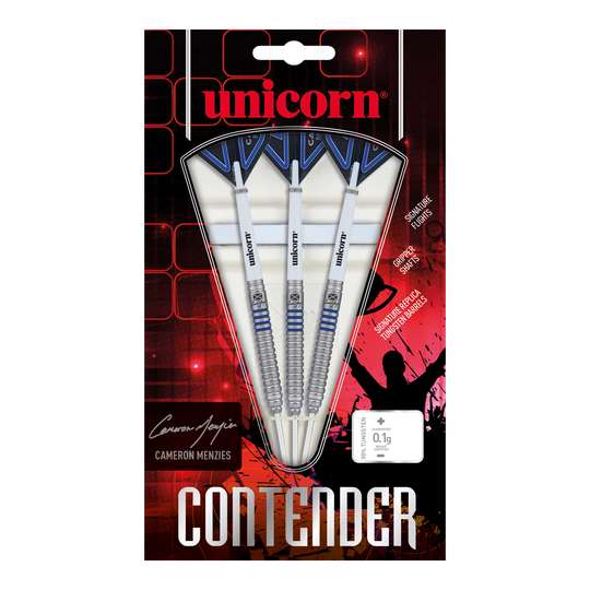 Freccette in acciaio Unicorn Contender Cameron Menzies - 23 g Das Bild zeigt eine Packung Unicorn Contender Camerion Menzies Steeldarts mit einem Gewicht von 23g. In der Verpackung befinden sich drei silberne Darts mit blauen Akzenten.