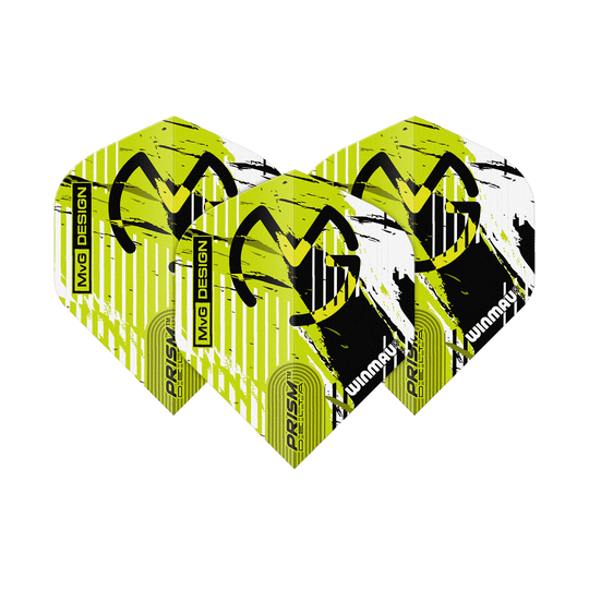 Winmau Delta Michael Van Gerwen Prisma 03 Voli standard Das Bild zeigt drei Dartflights des Modells "Winmau Delta Michael Van Gerwen Prism 03 Standard". Die Flights sind gelb-schwarz-weiß gestaltet und tragen das MVG-Logo sowie die Aufschrift "PRISM DELTA" und "WINMAU".
