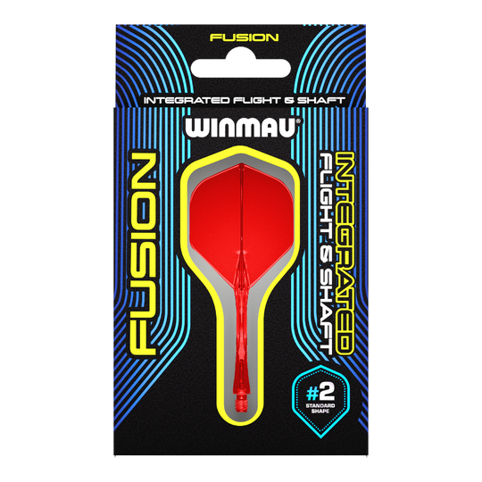 Sistema di alberi di volo Winmau Fusion standard rosso Das Bild zeigt eine Verpackung für das Winmau Fusion Integrated Flight & Shaft System in Rot. Im Mittelpunkt ist ein integrierter Dart-Flügel mit Schaft der Größe #2 im Standard-Shape zu sehen.