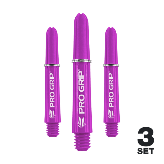 Target Pro Grip Shafts - 3 set - Viola Das Bild zeigt drei lila Dartshafts der Marke PRO GRIP. In der rechten unteren Ecke steht „3 SET“, was auf ein Set mit drei Stück hinweist.