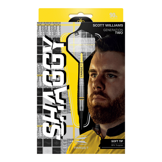 Freccette morbide Target Scott Williams GEN2 - 18 g Das Bild zeigt die Verpackung der "Target Scott Williams GEN2 Softdarts - 18g". Auf der Vorderseite sind ein Dartpfeil, das Gesicht von Scott Williams und der Schriftzug "SHAGGY" prominent zu sehen.