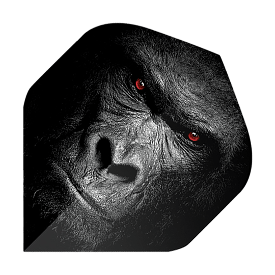 Voli Pentathlon Gorilla Das Bild zeigt ein Dart-Flight mit dem Gesicht eines Gorillas. Die Augen des Gorillas leuchten rot und der Hintergrund ist dunkel gehalten.