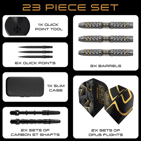 Freccette in acciaio Opus Quick Point di Harrow Auf dem Bild sind die Harrows Opus Quick Point Steeldarts mit 23g zu sehen. Diese Darts eignen sich für das Steeldartspiel.