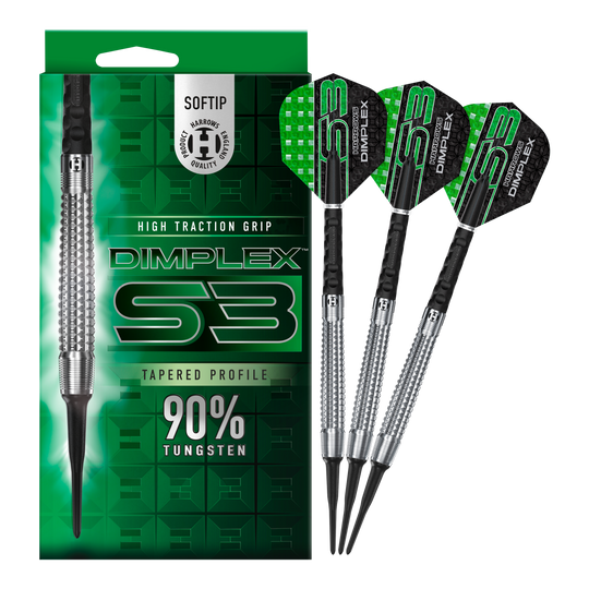 Freccette morbide coniche Harrows Dimplex S3 Das Bild zeigt eine Packung und drei Softdarts der Marke "Harrows Dimplex S3 Tapered". Die Darts bestehen zu 90 % aus Tungsten und haben eine hohe Grifftraktion.