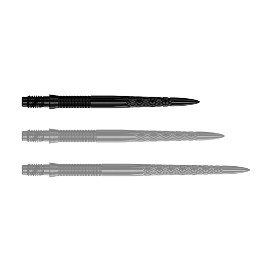 Punte per freccette Mission R2.5 Rapid Point DSX - Nere Das Bild zeigt eine Reihe von schwarzen Dartspitzen mit der Bezeichnung 30mm. Die Spitze ist für den Einsatz in Darts geeignet.