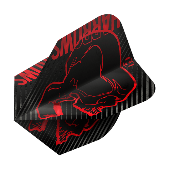 Voli Harrows Rage Red No6 Das Bild zeigt das Produkt "Harrows Rage Red No6 Flights". Die Flights sind schwarz mit roten Grafiken und Streifen verziert.