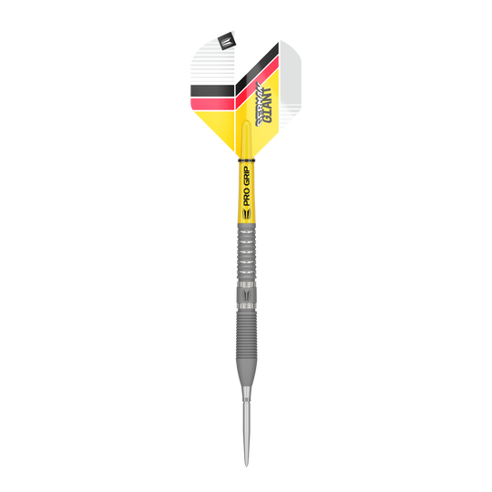 Freccette in acciaio Target Gabriel Clemens GEN2 Swiss Point Das Bild zeigt einen Target Gabriel Clemens GEN2 Swiss Point Steeldart. Der Dart hat eine silberne Spitze und Schaft sowie gelbe, schwarze und rote Akzente auf dem Flight.