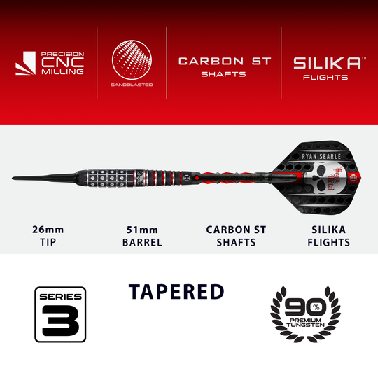 Freccette morbide Ryan Searle Series 3 di Harrow Das Bild zeigt die Harrows Ryan Searle Series 3 Softdarts. Diese Dartpfeile sind für den Softdartbereich konzipiert.