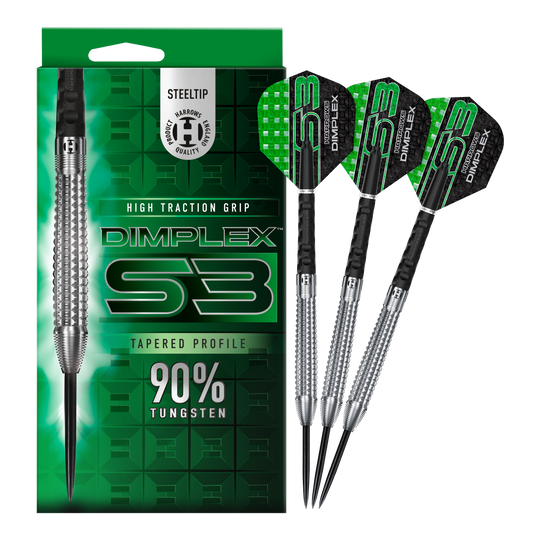 Freccette in acciaio conico Harrows Dimplex S3 Das Bild zeigt die Harrows Dimplex S3 Tapered Steeldarts mit einer auffälligen grünen Verpackung. Drei Steeldarts aus 90% Wolfram sind neben der Verpackung abgebildet.