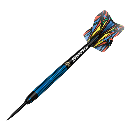Freccette in acciaio GOAT Athlete Blue Brass - 12 g Dies ist der GOAT Athlete Blue Brass Steeldart mit einem Gewicht von 12g. Er hat ein auffälliges, bunt gemustertes Flight und einen blau-schwarzen Schaft mit der Aufschrift "GRIPTECH".