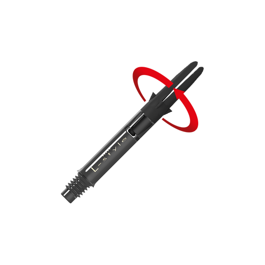 L-L-Style-Shaft Carbon Silent Straight - Schwarz Auf dem Bild ist ein schwarzer Dartshaft aus Carbon der Marke L-Style zu sehen. Am oberen Ende ist eine rote Pfeilmarkierung, die eine Drehbewegung anzeigt.
