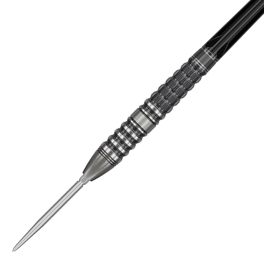 Freccette in acciaio Target Japan Black Marque Lumiere GEN3 Das Bild zeigt den Target Japan Black Marque Lumiere GEN3 Steeldart. Der Dart hat ein silbernes, fein strukturiertes Barrel mit schwarzen Akzenten und einer scharfen Spitze.