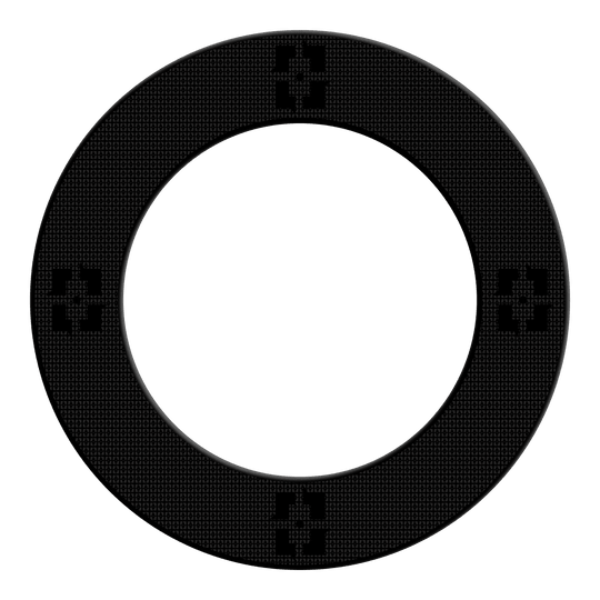 McDart Precision Nano Dartboard Surround Das Bild zeigt das Produkt "McDart Precision Nano Dartboard Surround". Es handelt sich um einen schwarzen, ringförmigen Schutzrand mit geprägtem Muster für eine Dartscheibe.