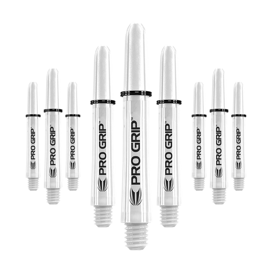 Target Pro Grip Shafts - 3 set - Bianco Auf dem Bild sind neun weiße Dart-Schäfte mit der Aufschrift "Pro Grip" abgebildet. Sie sind gleichmäßig angeordnet und wirken hochwertig verarbeitet.