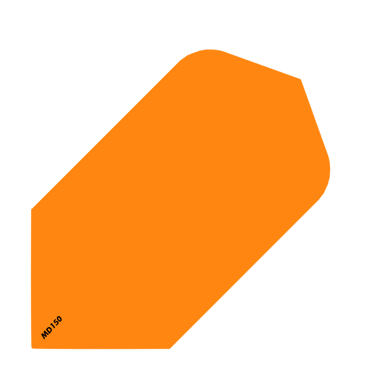 MCD207_McDart_MD150_Slim_Flights_Orange_1 Das Bild zeigt einen orangefarbenen Slim Flight für Darts mit der Aufschrift "MD150" in der Ecke. Es handelt sich um das Produkt "McDart MD150 Slim Flights".