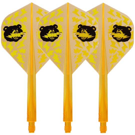Condor Ax Black Bear Miyu Miyawaki Flight Shaft Neon Orange - Standard Das Bild zeigt vier neonorange Dartflights mit gelbem Blitzmuster und einem schwarzen Bärenkopf darauf. Die Flights sind in Standard-Form gestaltet und tragen den Namen "Condor Axe Black Bear Miyu Miyawaki".