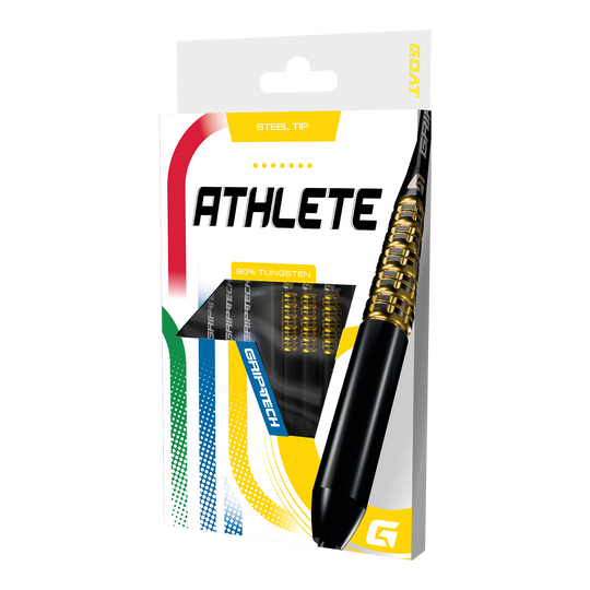 Das Foto zeigt einen gelben Tungsten-Steeldart. Das Produkt wird als 'GD7000770 GOAT Athlete Yellow Tungsten Steeldarts 3' bezeichnet.