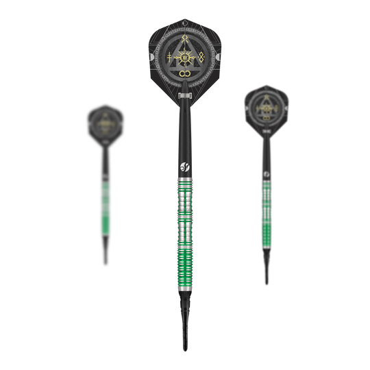 Das Bild zeigt ein Set der Shot Alchemy Mythril Softdarts - 20g. Auf dem Foto sind alle enthaltenen Darts abgebildet.