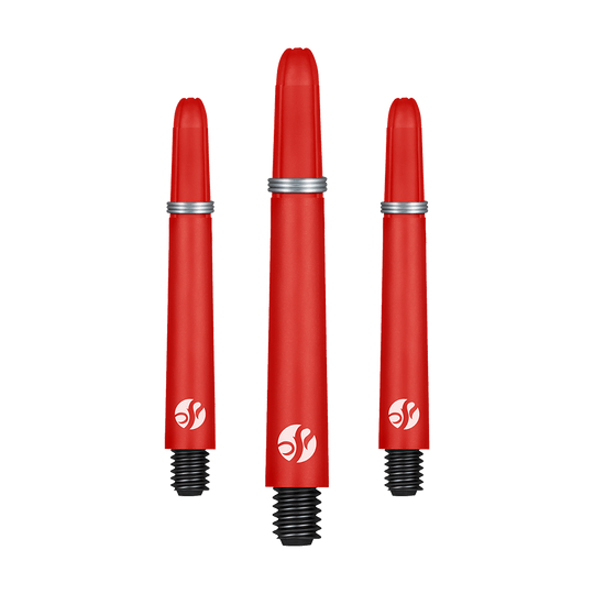 Das Bild zeigt drei rote Dartschäfte mit schwarzen Gewinden und silbernen Ringen. Alle drei Schäfte haben ein weißes Logo aufgedruckt.