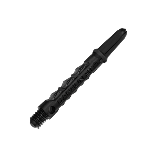 HR435_Harrows_Carbon_ST_Shafts_Schwarz_40mm_2 Das Bild zeigt einen schwarzen Harrows Carbon ST Shafts für Darts. Der Schaft besteht aus robustem Carbonmaterial und hat eine strukturierte Oberfläche.