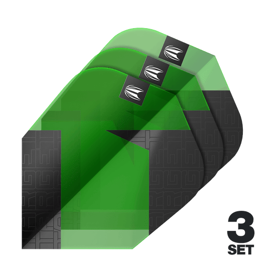 Target Pro Ultra TAG Green Ten-X Standard Flights - 3 set Auf dem Bild sind drei grüne und schwarze Dart-Flights mit einem modernen Muster zu sehen. Unten rechts steht "3 SET", was auf drei Sets hinweist.