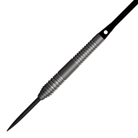 Bulls NL Dirk Van Duijvenbode 80 freccette in acciaio Auf dem Bild ist ein Steeldart mit einem silbernen, geriffelten Griff und einer schwarzen Spitze zu sehen. Es handelt sich um das Produkt "Bulls NL Dirk Van Duijvenbode 80 Steeldarts".