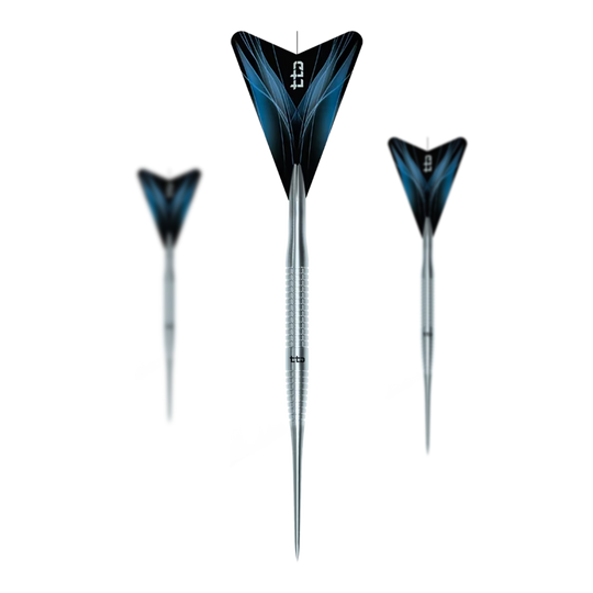 Zu sehen ist das Set Caliburn TTD Complete Titanium T3 Silver Steeldarts - 7g. Es handelt sich um ein silbernes Dartset aus Titan mit einem Gewicht von 7 Gramm pro Dart.