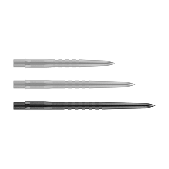 Punte per freccette Mission Caliburn EVO - Scanalate - Nere Auf dem Bild sind drei schwarze, gerillte Stahlspitzen für Steeldarts zu sehen. Sie liegen parallel nebeneinander auf einem neutralen Hintergrund.