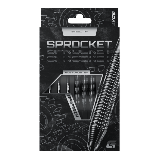 Freccette in acciaio al tungsteno GOAT Sprocket Die Abbildung zeigt die Verpackung der GOAT Sprocket Tungsten Steeldarts. Auf der Packung sind die Eigenschaften wie "Steel Tip" und "90% Tungsten" deutlich hervorgehoben.