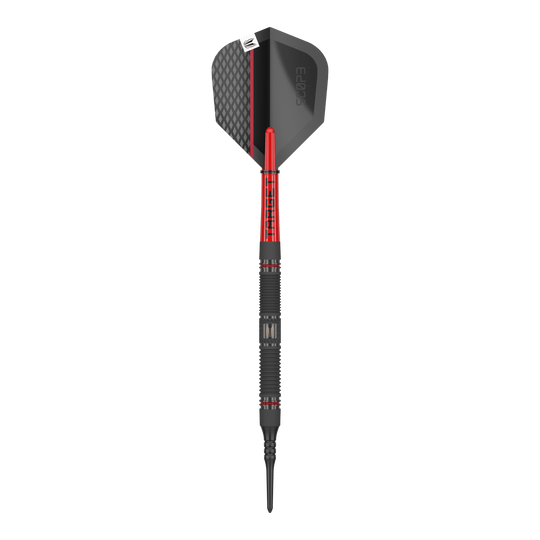 Mirino 10 freccette morbide Das Bild zeigt einen Target Scope 10 Softdart. Der Dartpfeil hat ein schwarzes und rotes Design mit einer strukturierten Spitze und einer schwarzen Flight.