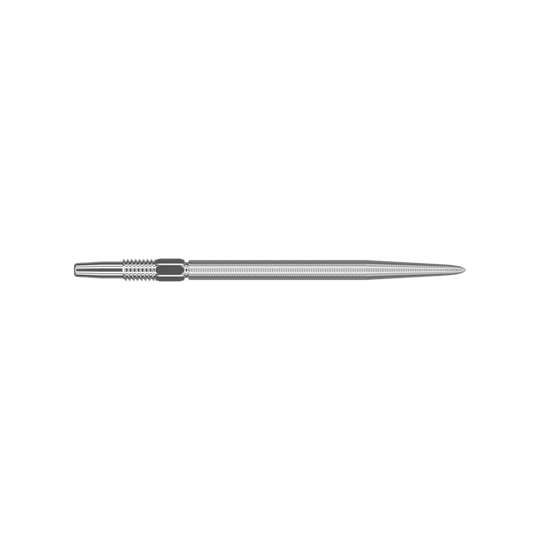 Puntali Target Swiss Point Nano Dart - Argento Dies ist eine silberne Dartspitze mit feiner Riffelung. Sie ist lang und schmal geformt und hat eine glatte Spitze.