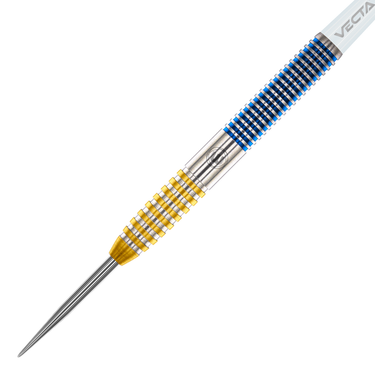 Freccette in acciaio Winmau Daryl Gurney SC 1.0 Series - 23 g Das Bild zeigt einen Winmau Daryl Gurney SC 1.0 Series Steeldart mit einem Gewicht von 23 Gramm. Der Dart hat ein auffälliges Design mit gelben und blauen Ringen am Griff.