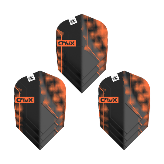 Target Pro Ultra Crux No6 Flights - 3 set - 3 set Das Bild zeigt drei Sets von Target Pro Ultra Crux No6 Flights. Die Flights sind schwarz mit orangefarbenen Akzenten und dem Schriftzug "Crux".
