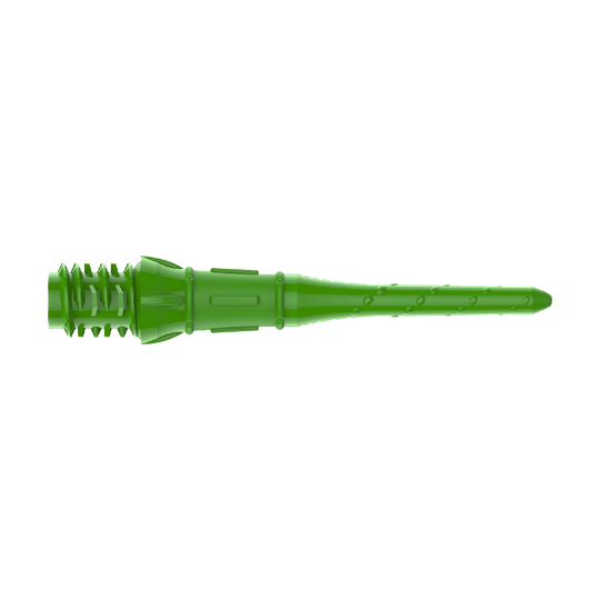Das Bild zeigt eine grüne Kunststoffspitze für Softdarts. Sie hat ein geriffeltes Gewinde und eine schlanke, längliche Form.
