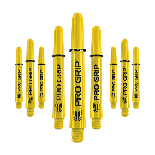 Target Pro Grip Shafts - 3 set - Giallo Das Bild zeigt mehrere gelbe Dartschäfte mit der Aufschrift "PRO GRIP". Die Schäfte sind in einer Reihe angeordnet und haben ein einheitliches Design.