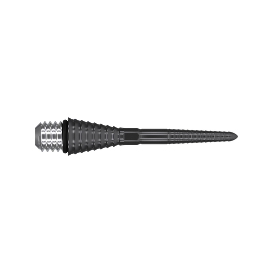 380172_Target_Titanium_Swiss_Point_Grooved_Conversion_Points_Schwarz_26mm_2 Auf dem Bild ist eine schwarze, gerillte Dartspitze aus Metall zu sehen. Sie hat eine konische Form und ein silbernes Schraubgewinde am Ende.