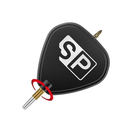 Puntali per freccette Target Swiss DS Surge Point - Oro Das Bild zeigt eine schwarze Dartspitze mit der Aufschrift "SP" auf dem Flight. Ein roter Pfeil zeigt eine Drehbewegung an der goldenen Verschraubung der Spitze.