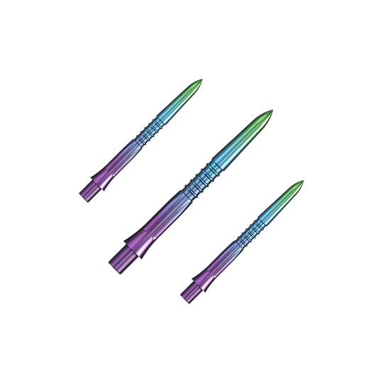 Punte per freccette Mission Caliburn EVO GV1 - Arcobaleno Das Bild zeigt Steeldartspitzen in Regenbogenfarben mit einer Länge von 26 mm. Es handelt sich um ein Set namens Mission Caliburn EVO GV1.