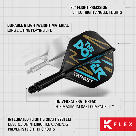 Sistema di alberi di volo standard Target K-Flex Phil Taylor No2 Das Bild zeigt das Produkt "Target K-Flex Phil Taylor No2 Standard Flights" für Dartpfeile. Es hebt die langlebigen Materialien, die präzise 90°-Flugwinkel und das integrierte Flight- und Schaftsystem hervor.